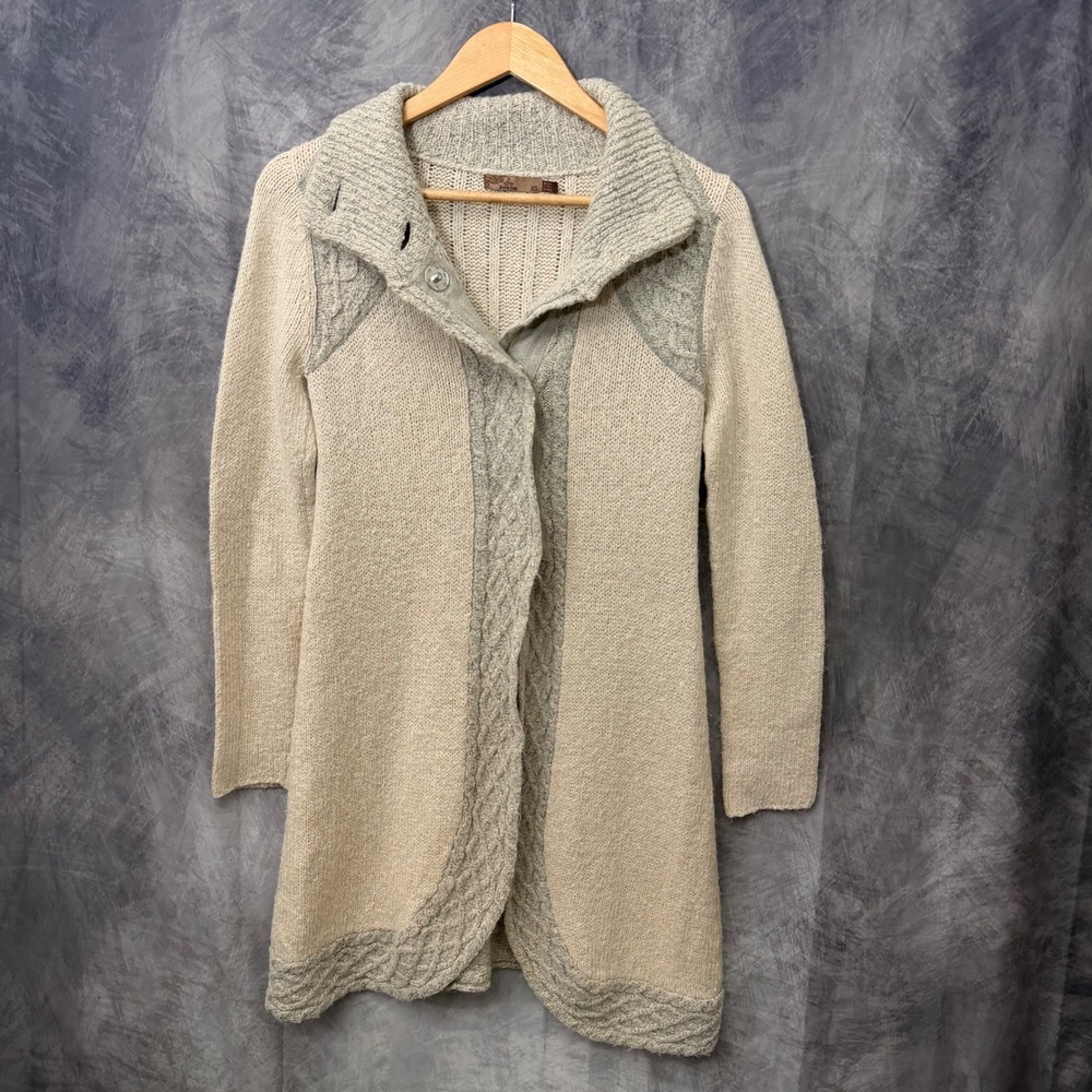 Prana Womens XS Longline Cable Knit Cardigan Sweater Beige Grey Snap Front Coat